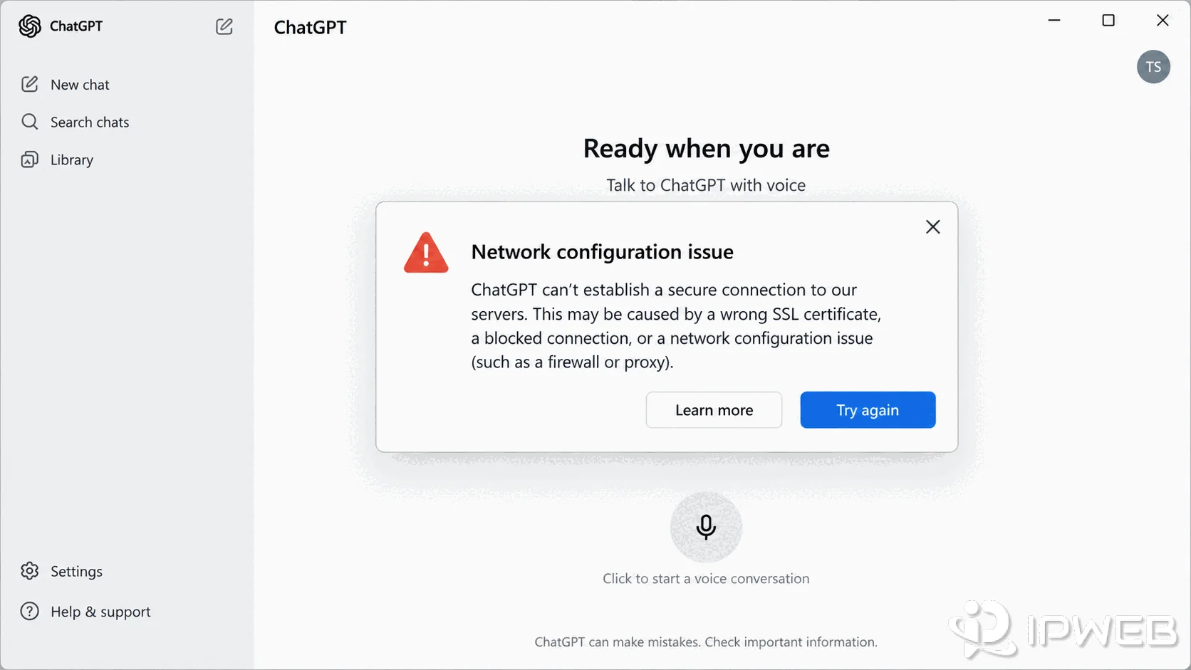 ChatGPT Voice network configuration warning about SSL certificates, blocked connections, or restrictive firewall settings