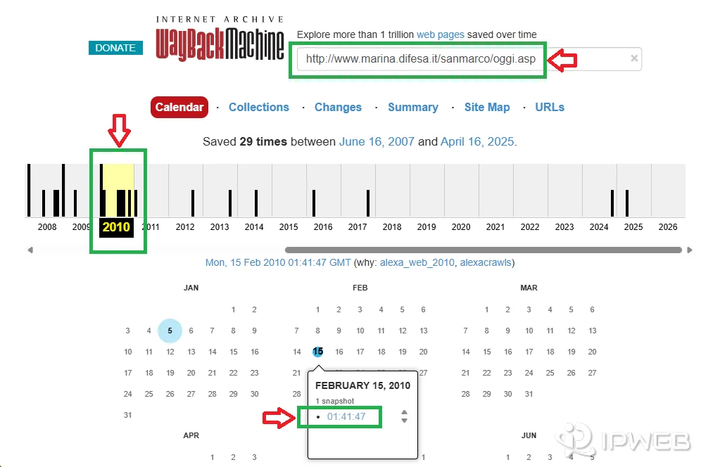 Wayback Machine calendar showing archived captures by year and a snapshot timestamp on February 15 2010