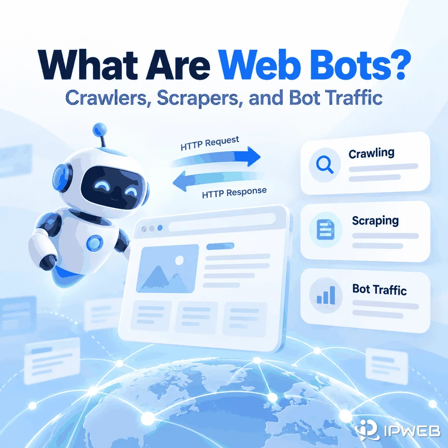 Cover illustration showing a web bot exchanging HTTP requests and responses with a website, alongside crawling, scraping, and bot traffic panels