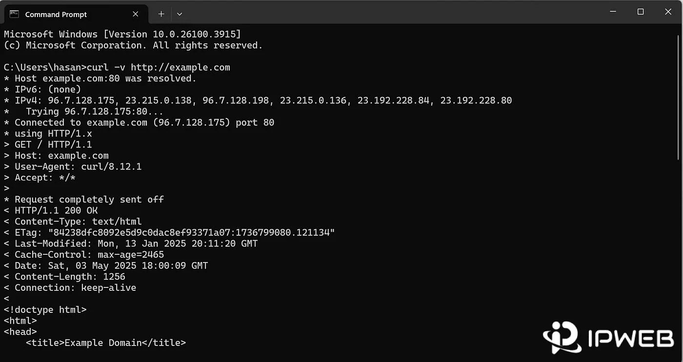 Node.js HTTP proxy baseline test in Windows Command Prompt using curl