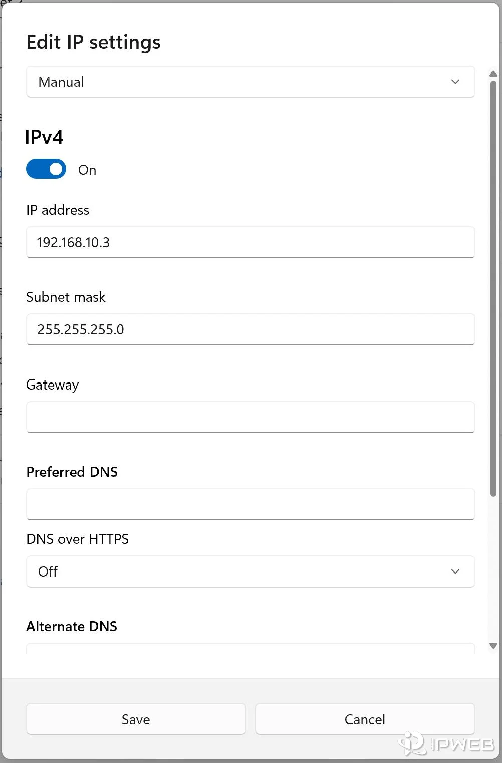Windows 11 Edit IP settings with manual IPv4 configuration enabled