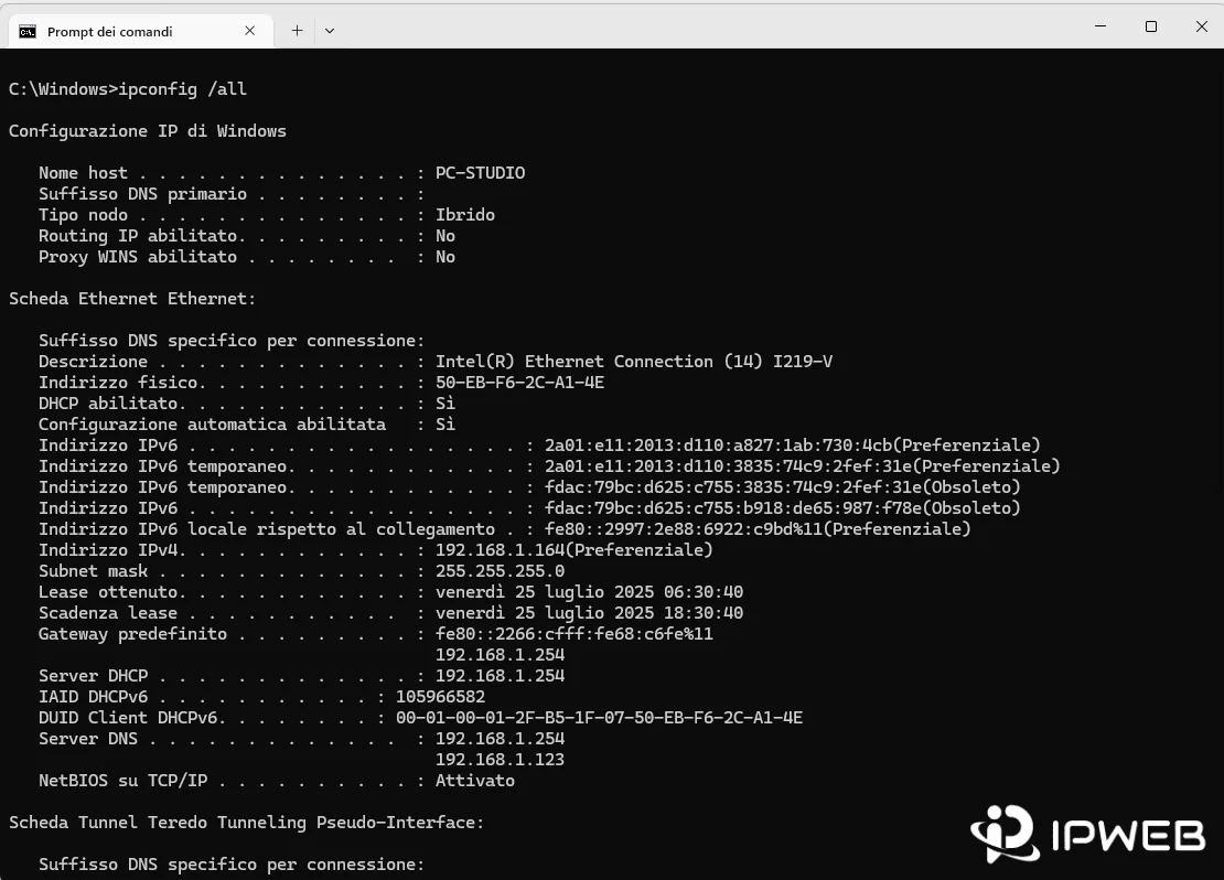 Windows Command Prompt showing ipconfig slash all output with the Physical Address field for an Ethernet adapter