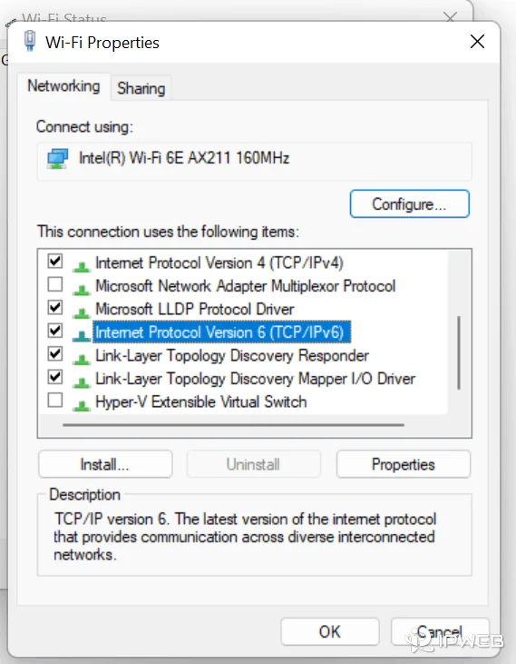 Windows network adapter properties with both Internet Protocol Version 4 and Internet Protocol Version 6 enabled.