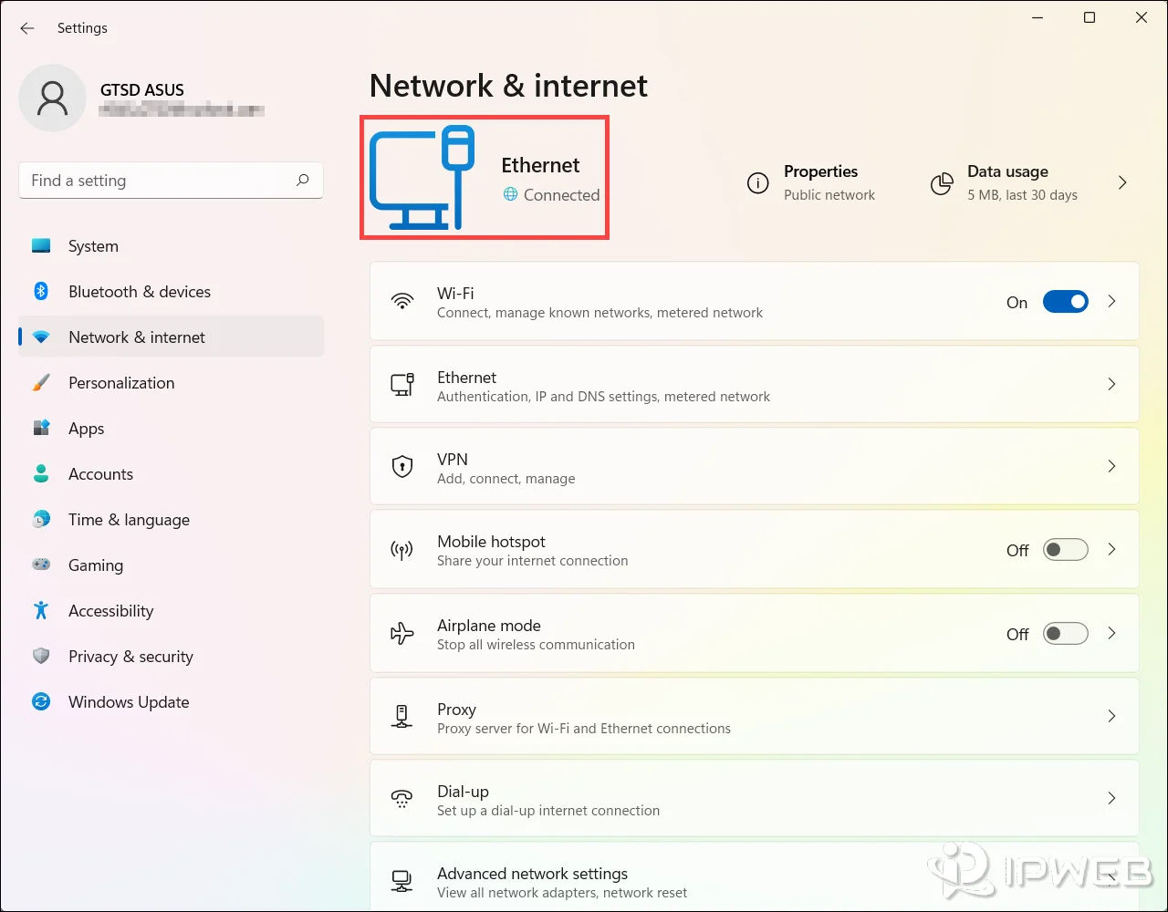 Windows 11 Network and internet settings showing Ethernet connection options.