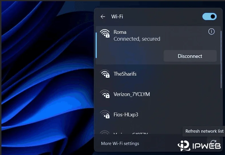 Windows 11 Wi-Fi panel showing the current network and other available networks